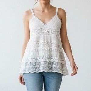 Y2K Crochet Cami Tank Top Womens Small Lace Tiered Boho Fairycore Cottagecore